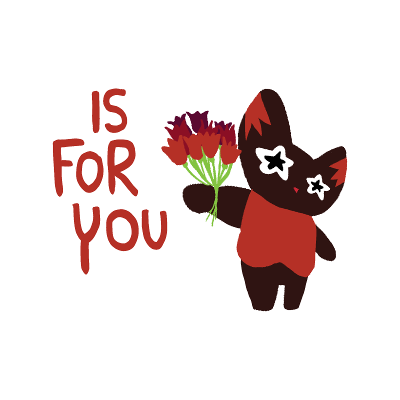  illustration of the red cat-gizmo handing you tulips